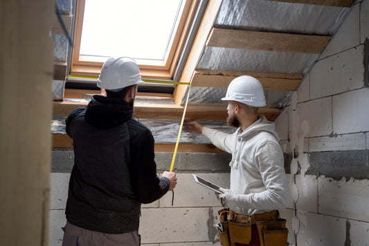 Artisans réalisant des travaux d’isolation et d’aménagement de combles sous toiture rénovée